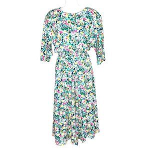 Handmade A-line Blouson Midi Dress Floral 3/4 Dolman Sleeves Pockets Size 8?